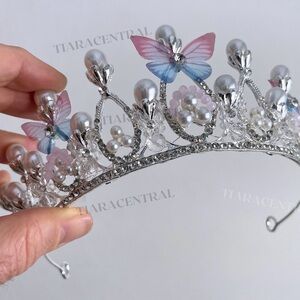 Silver or Gold Tiara with Pearls and Butterfly Accents